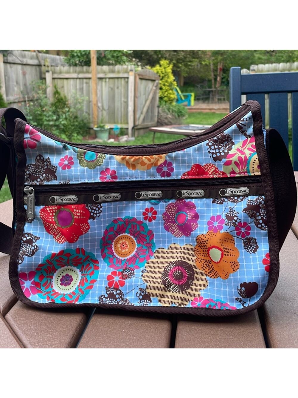 LeSportsac Classic Hobo Blue Brown Floral Bag Purse Crossbody